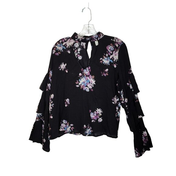 BP Floral Keyhole Blouse S | Rayon | Black Purple | Tiered Bell Sleeve - Picture 4 of 8
